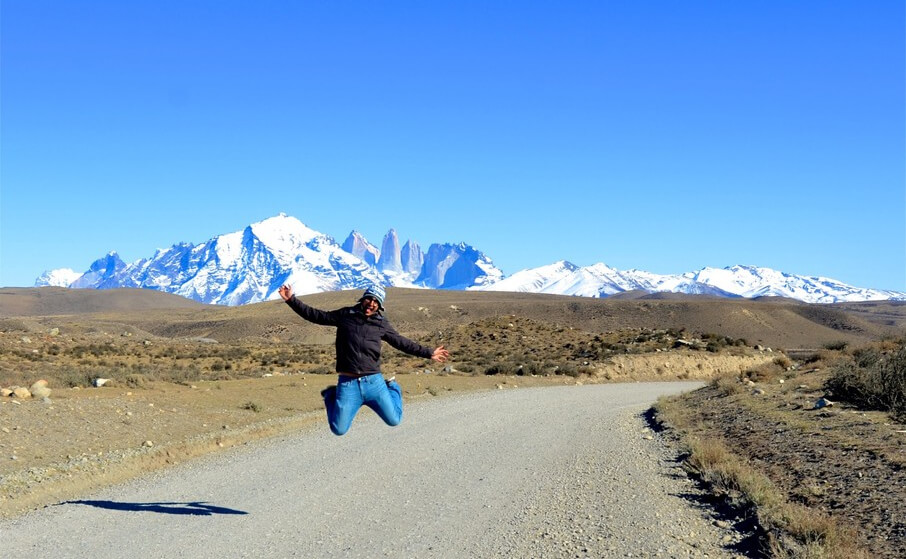 Rolando jumping for joy in Patagonia, Chile